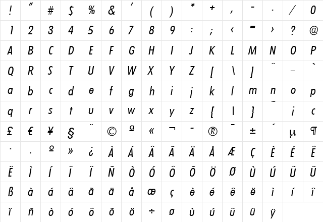 PeterBeckerCond Italic  glyph index