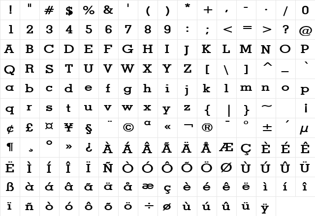 Geo Wide Bold  glyph index