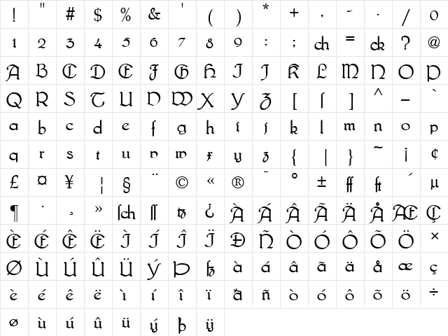 Bridgnorth Regular  glyph index