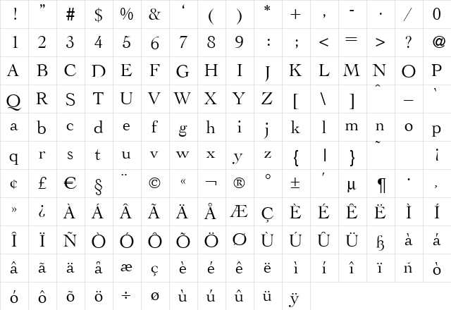 Lega Regular  glyph index
