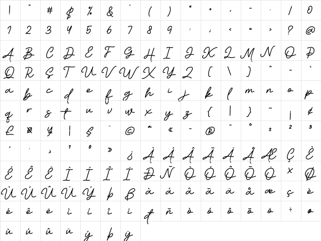 Yardmore Regular  glyph index