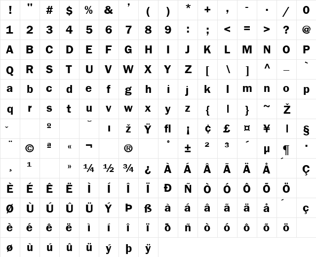 FrankfurtGothic Bold  glyph index