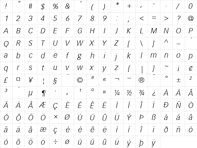 VectoraLH46-Light LightItalic  glyph index
