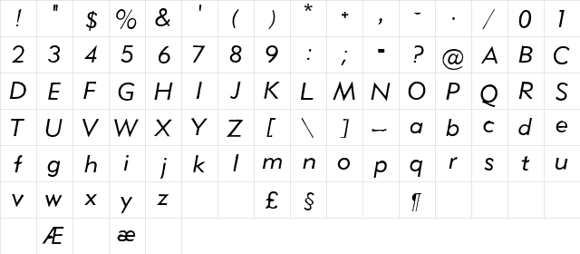 Metro Lite Oblique HPLHS  glyph index