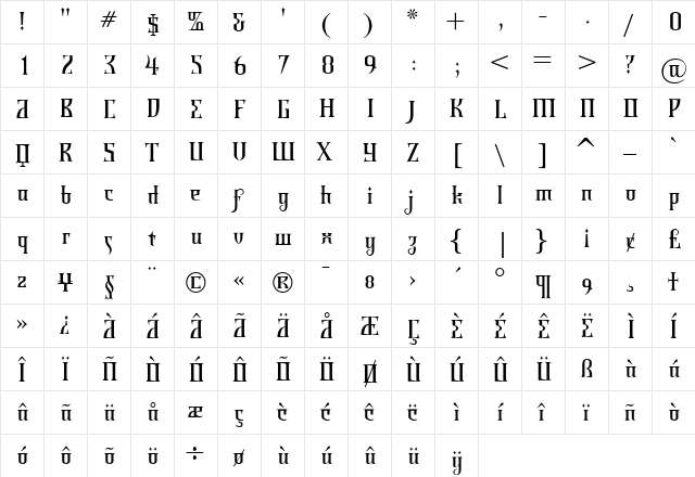Shiraz Regular  glyph index