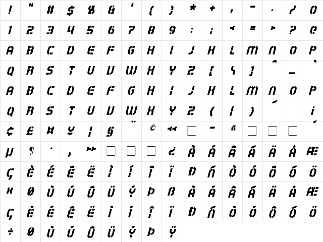 Exostencil Italic  glyph index