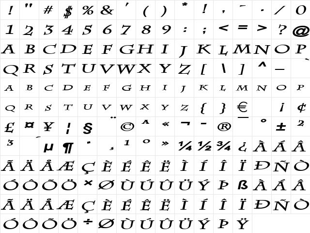 ChazExtended BoldItalic  glyph index