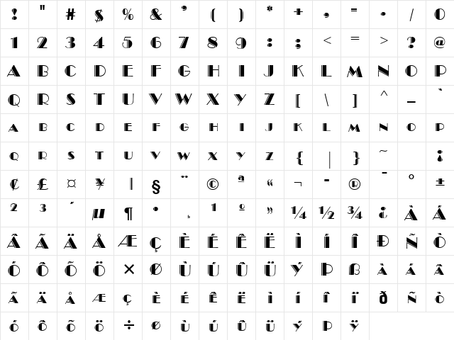 Ritz Engraved Normal  glyph index