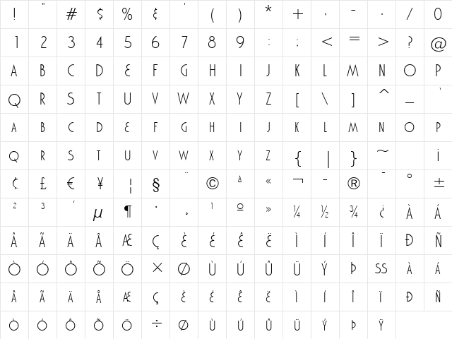 Marquisette BTN Light Regular  glyph index
