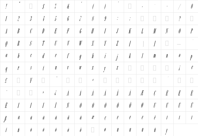 Bordeaux Italic Plain  glyph index
