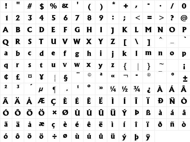 Albertus Extra Bold (W1) Regular  glyph index