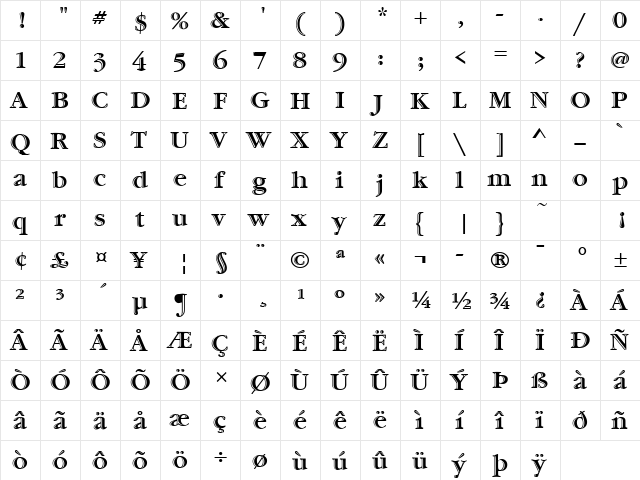 Garamond Htld ITC TT Regular  glyph index