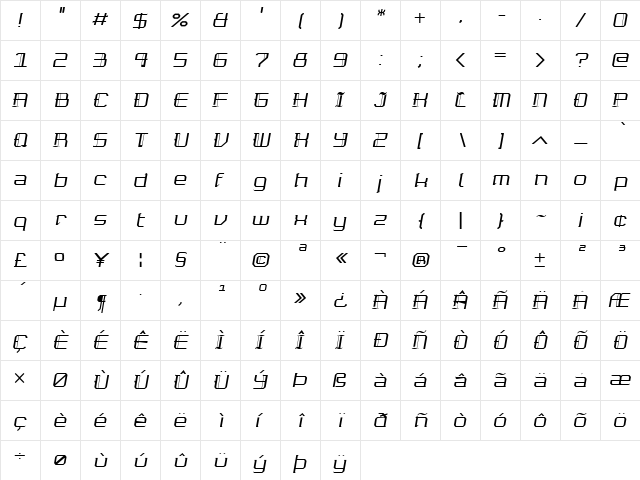 Nightjar Oblique Regular  glyph index