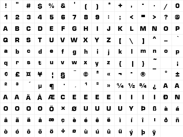 Eurostile T Black Regular  glyph index