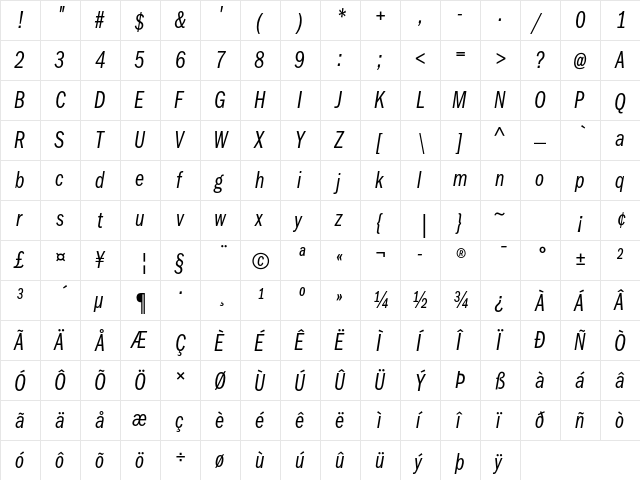 ITC Franklin Gothic Std Book Compressed Italic  glyph index