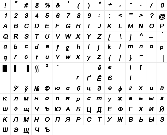 ER Univers KOI-8 Bold Italic  glyph index