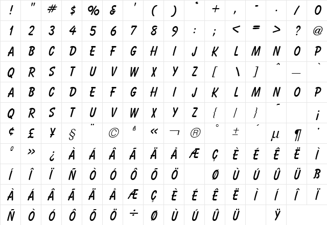 Balloon Bold Regular  glyph index