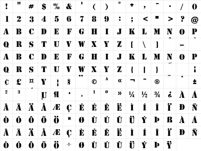 Cargo Regular  glyph index