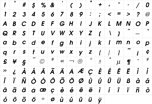 Avant GardeDemiOblique  glyph index