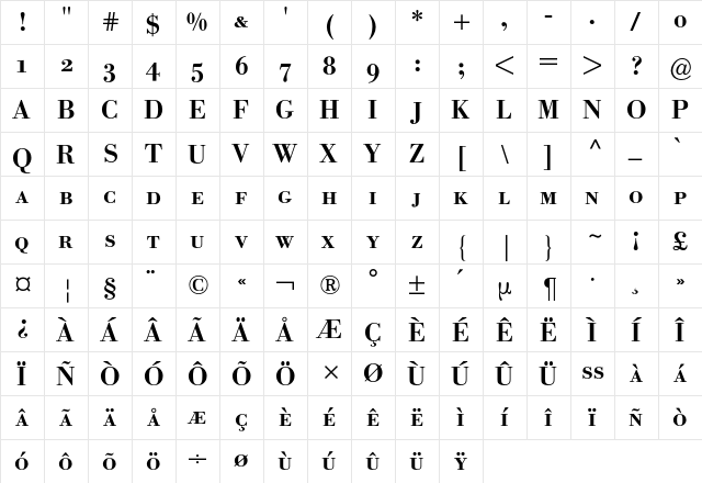 Bodoni Berthold Expert BQ Regular  glyph index