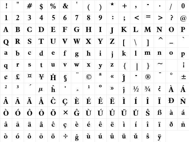 Aldine721 BT Eo Bold  glyph index