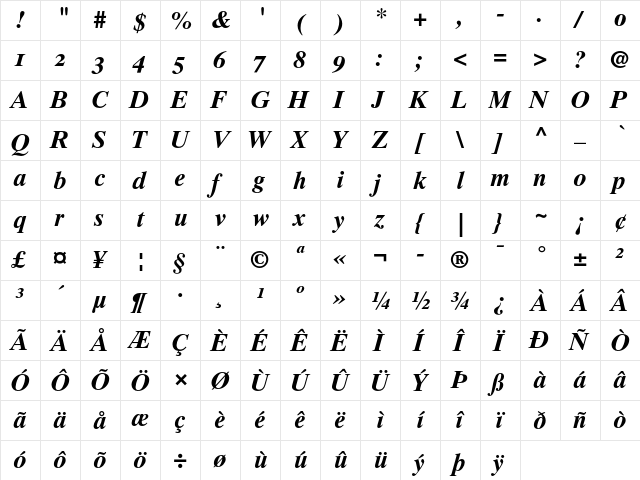 Asteria Bold Italic  glyph index