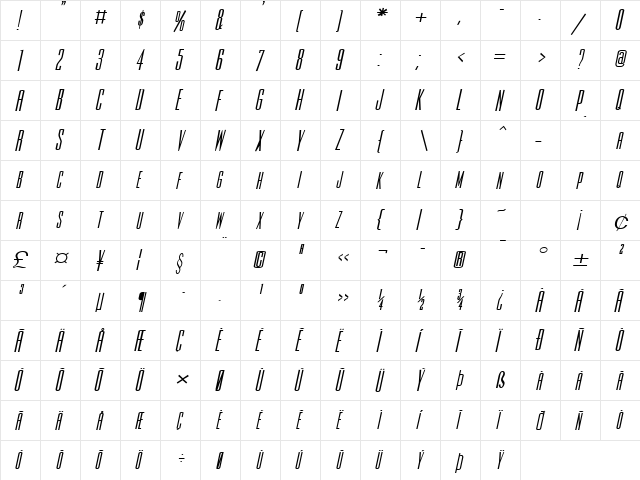 Slim Jim-Extended Bold Italic  glyph index