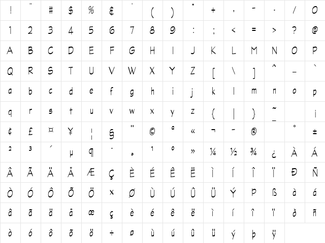 Graphite Light Narrow Regular  glyph index