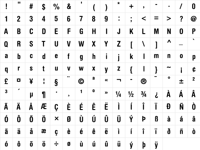 Helvetica Rounded Bold Condensed  glyph index