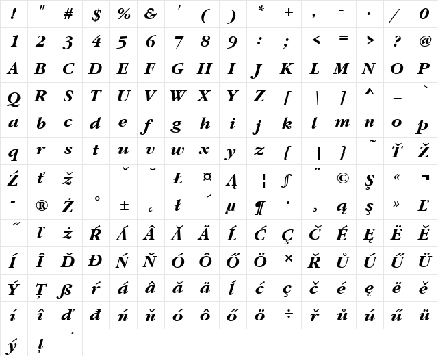 GaramondItcTEE Bold Italic  glyph index