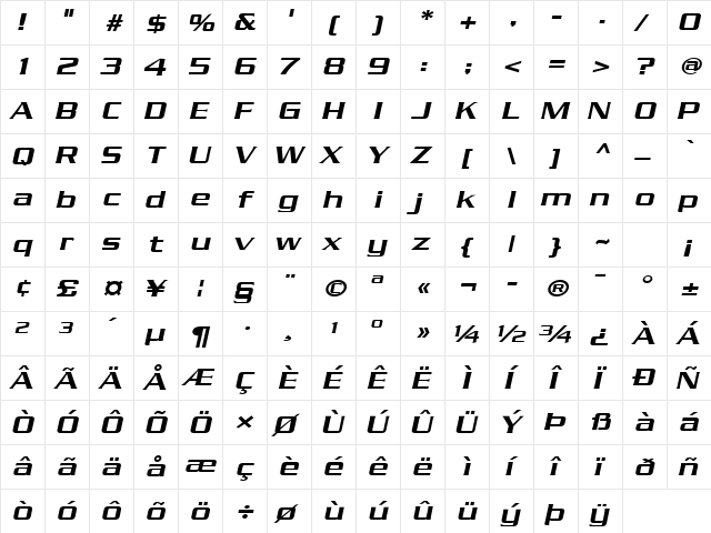 Chaney-Extended Bold Italic  glyph index