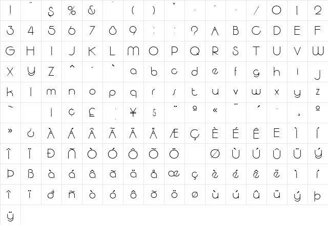 Moonbeam Regular  glyph index