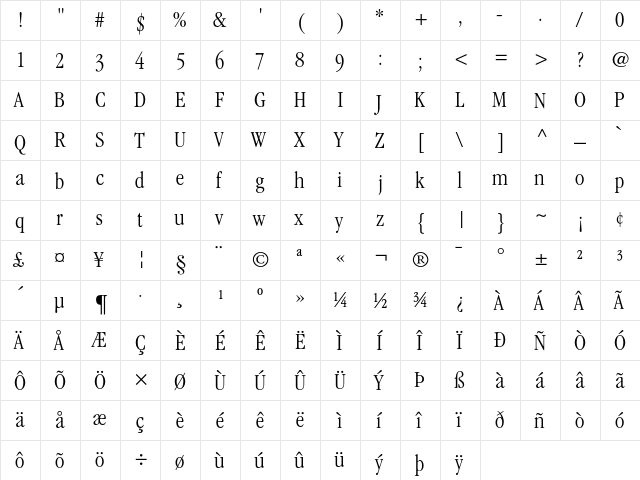 ITC Garamond Light Condensed  glyph index