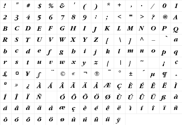 Garamond Semi Expanded SSi Bold Semi Expanded Italic  glyph index
