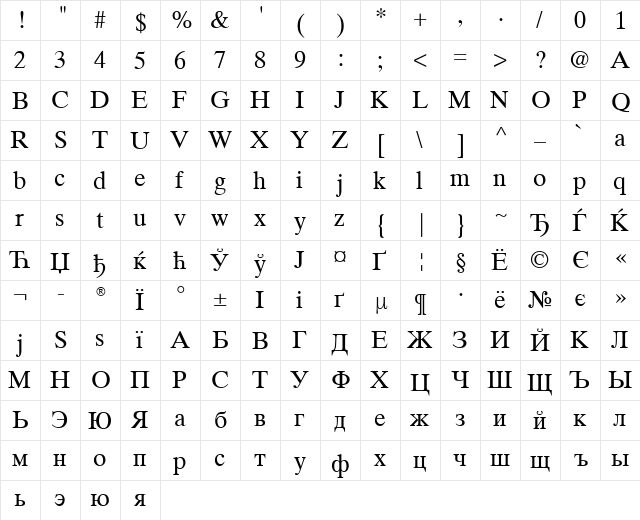Times Ten Cyr Upright Regular  glyph index