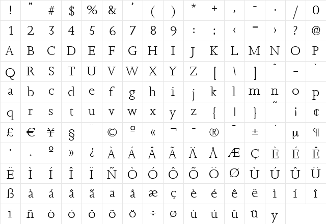 JessicaBecker-Light Regular  glyph index