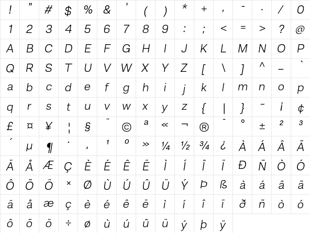 Hando Trial Lt Obl Italic  glyph index