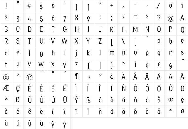 Factory Regular  glyph index