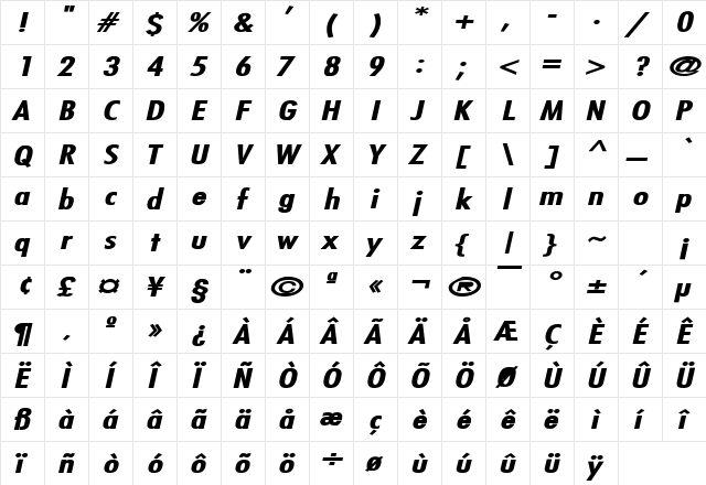 Fuji Extended Bold Italic  glyph index