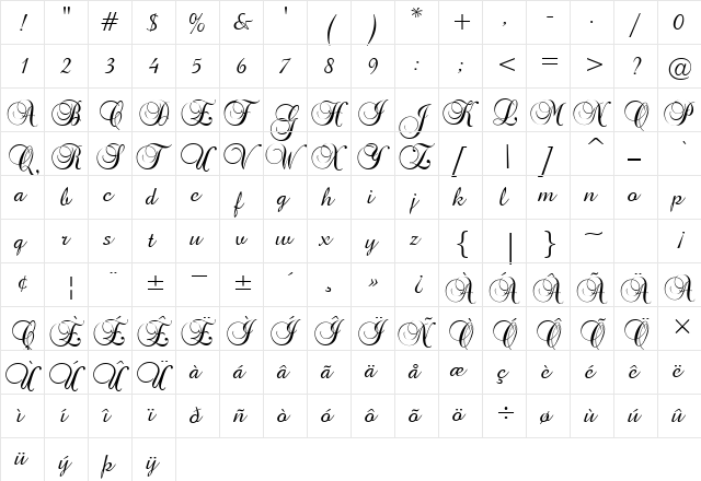 BrockScript Regular  glyph index