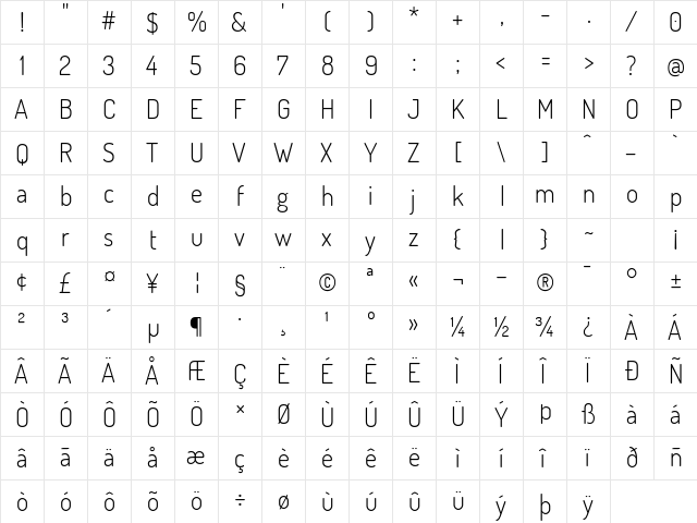 Dosis Light  glyph index