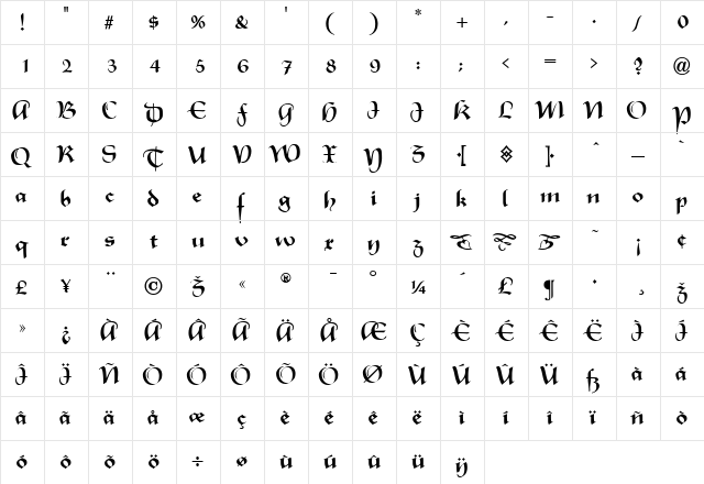 Rhapsodie Regular  glyph index