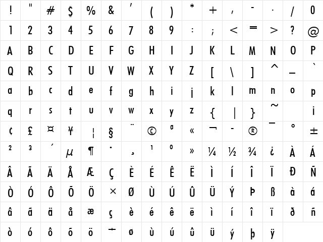 Futuri Condensed Regular  glyph index