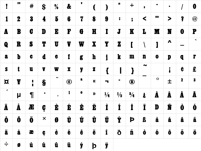 Egyptienne Becker D Bold Cond Regular  glyph index