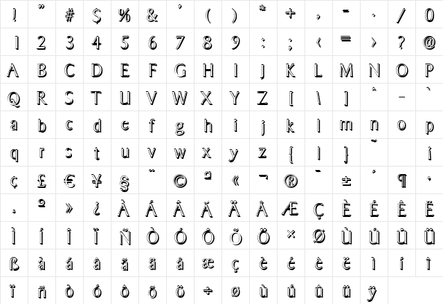 BruceBeckerShadow-Xlight Regular  glyph index