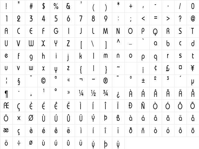 UniqueCondensed Regular  glyph index