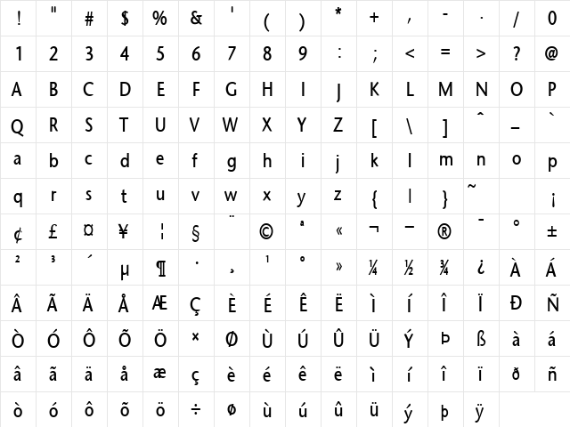 Optimist-Condensed Bold Italic  glyph index