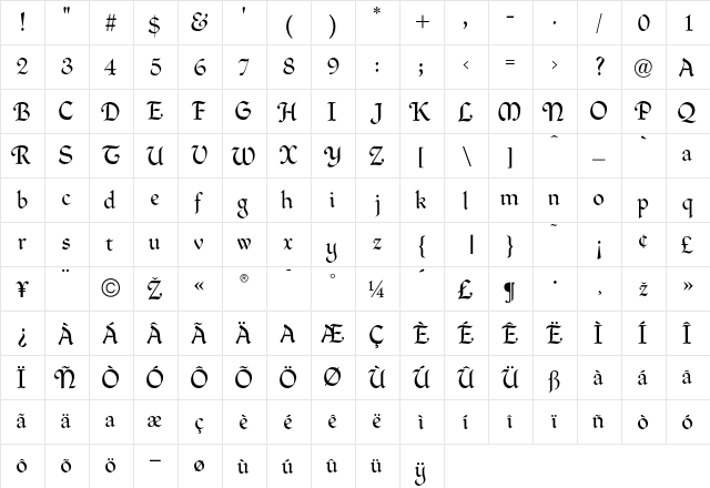 Freehand Regular  glyph index