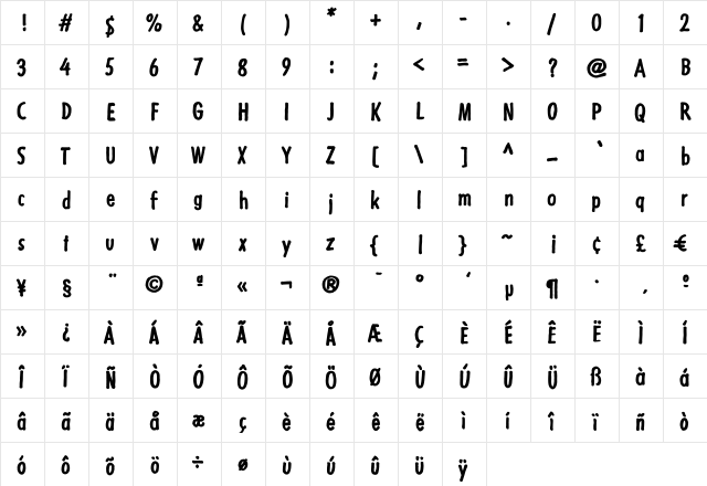 Futuramano Condensed Bold  glyph index