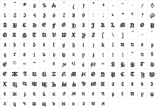 GothicRus Medium  glyph index